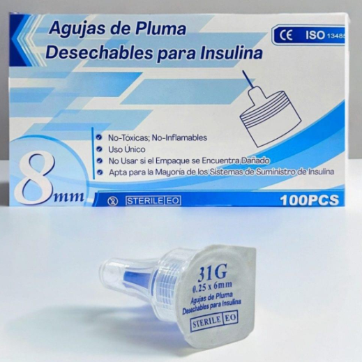 AGUJAS PARA PLUMA DE INSULINA 31GX4MM-5MM-6MM-8MM Y 32GX4MM CAJA X 100UNDS